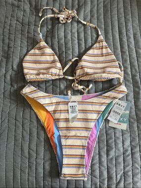 Roxy Pastel Striped Triangle Bikini with Rainbow Panels